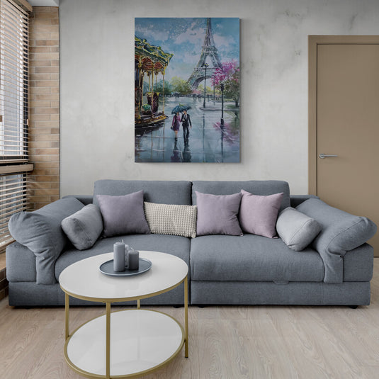 Cuadro decorativo romántico de la Torre Eiffel, árbol con hojas rosadas y pareja bajo la lluvia con sombrilla en París