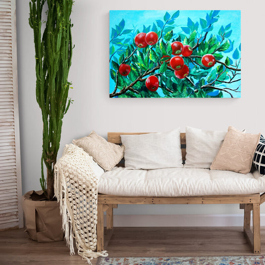 Cuadro_decorativo_árbol_verde_con_manzanas_rojas_fondo_turquesa