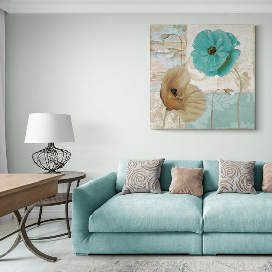 Pintura de amapolas con patrones vintage en tonos pastel