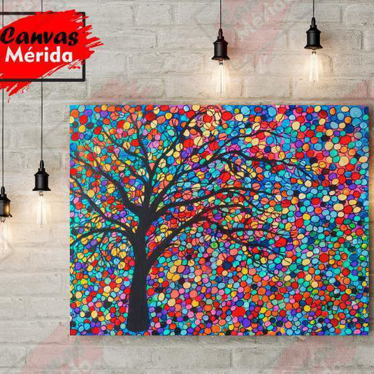 Cuadro decorativo con fondo multicolor de círculos y árbol oscuro de ramas delgadas