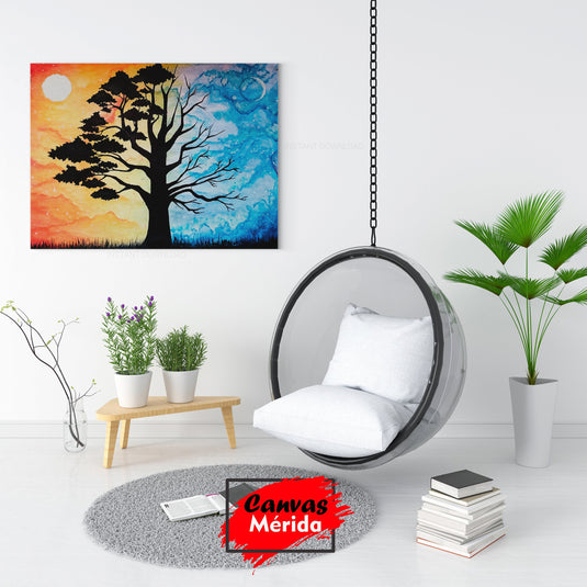 Cuadro decorativo con árbol oscuro dividido entre día soleado y noche estrellada sin hojas