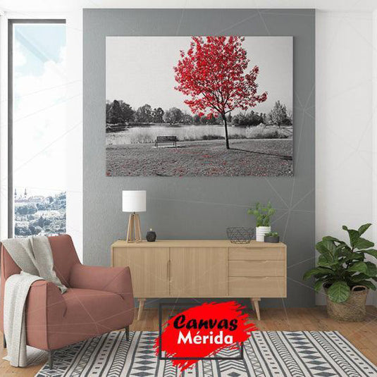 Cuadro decorativo monocromático con árbol esbelto y hojas rojas destacadas