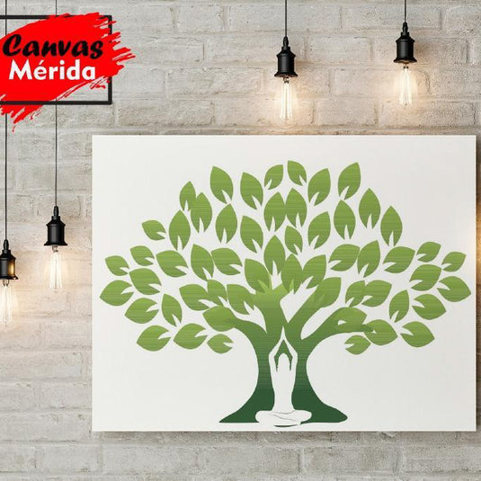Cuadro decorativo con fondo blanco, árbol verde y silueta de mujer en blanco practicando yoga en el tronco.