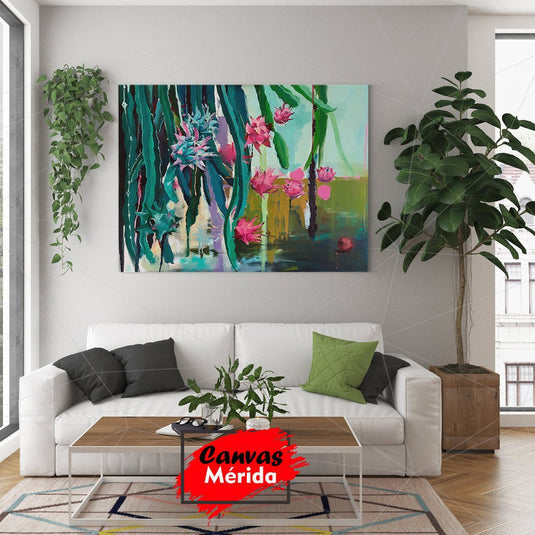 Cuadro decorativo mostrando árbol de pitayas con frutas de piel rosa vibrante