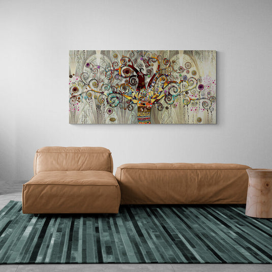 Pintura abstracta del Árbol de la Vida con detalles en espirales y colores vibrantes.