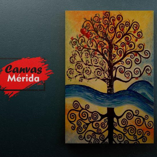 Cuadro_decorativo_árbol_de_la_vida_con_fondo_amarillo_naranja_rojo_y_reflejo_en_agua_azul