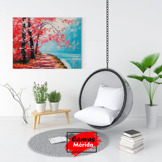 Cuadro decorativo de camino flanqueado por árboles con hojas rojas