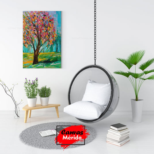 Cuadro Decorativo: Árbol Frondoso con Hojas de Colores en Fondo Azul y Césped Verde