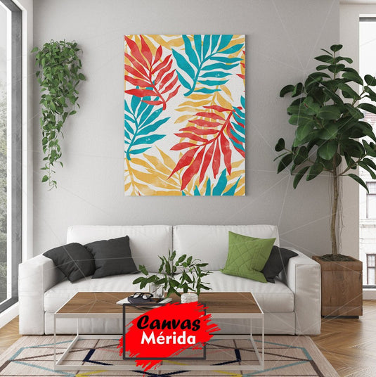 Cuadro Decorativo: Fondo Blanco con Hojas en Rojo, Turquesa y Amarillo