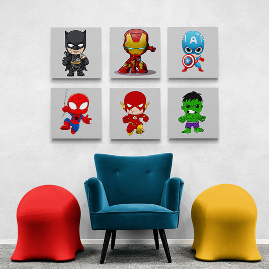 Set de cuadros decorativos estilo chibi con superhéroes como Batman, Iron Man, Capitán América, Spider-Man, Flash y Hulk – arte pop ideal para cuartos infantiles o temático