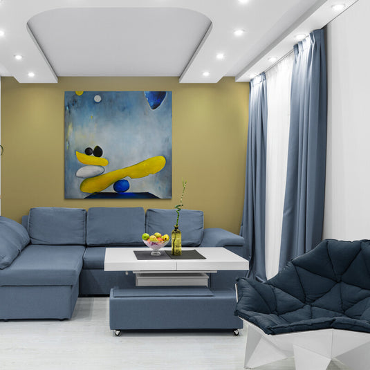 Cuadro abstracto Aroma of East con formas equilibradas y tonos amarillos y azules