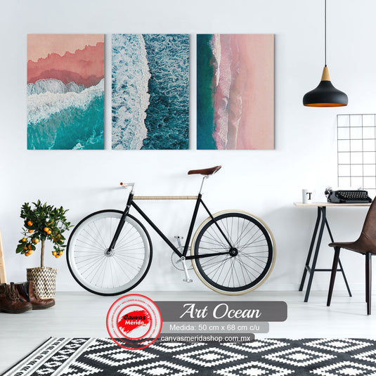 Tríptico de olas y costas en tonos turquesa y rosa