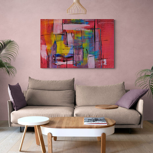 Pintura abstracta con predominio de rojo y pinceladas de varios colores