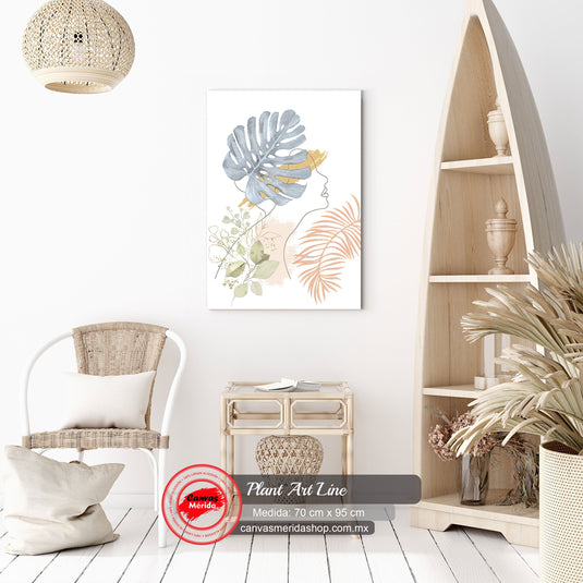 Cuadro Decorativo: Silueta de Rostro de Mujer en Fondo Blanco con Hojas Grandes