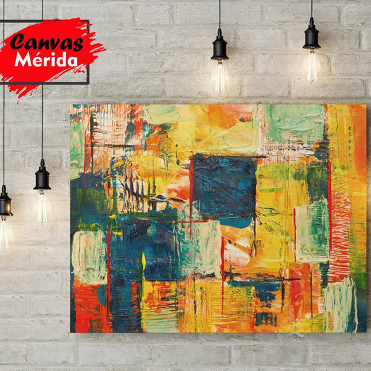 Cuadro abstracto moderno con colores vibrantes amarillo, azul, rojo y verde. Pintura acrílica con texturas ideales para decoración de sala, oficina o espacios creativos.
