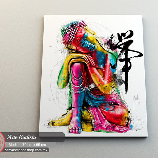 Arte contemporáneo de Buda con colores vibrantes y caligrafía asiática en un estilo moderno y expresivo.