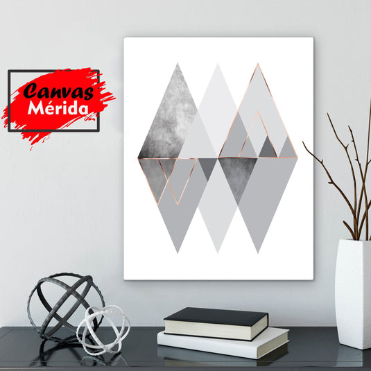 Composición geométrica minimalista con triángulos en tonos de gris y acentos de cobre