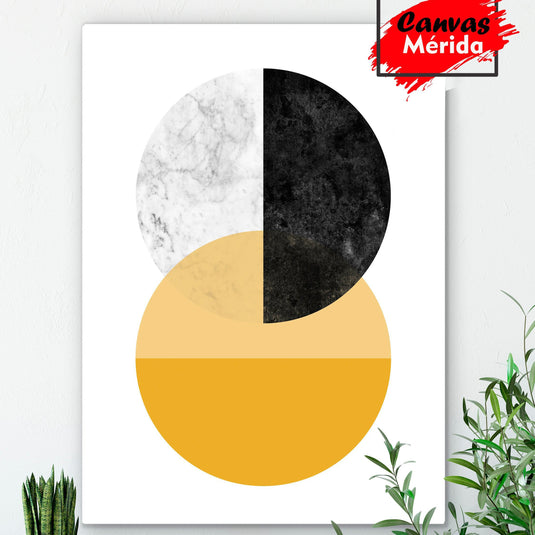 Arte Geométrico Minimalista con Círculos Sectorizados en Mármol, Negro y Amarillo
