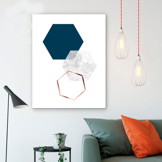 Arte Minimalista con Hexágonos en Azul Marino, Textura de Mármol y Contornos de Cobre