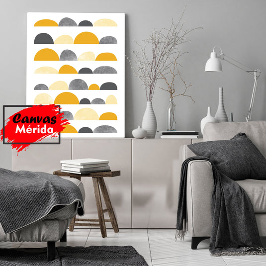 Patrón Geométrico Minimalista con Semicírculos en Tonos de Amarillo, Gris y Negro