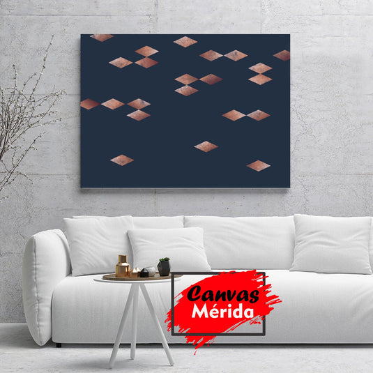 Patrón geométrico de rombos terracota sobre fondo azul oscuro