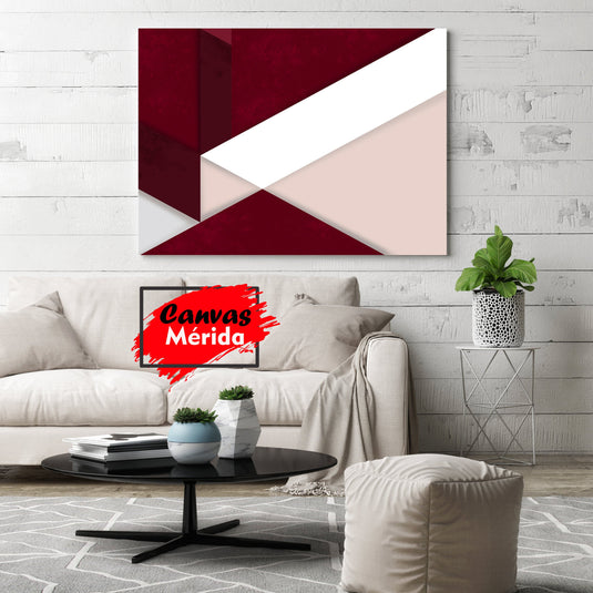 Composición abstracta de formas geométricas en tonos burdeos, blanco y rosado