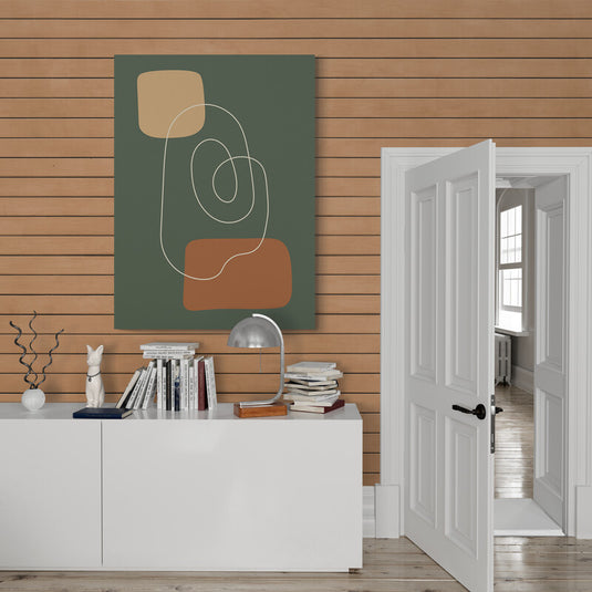 Cuadro minimalista sobre fondo verde: líneas blancas curveadas y formas geométricas en beige y naranja