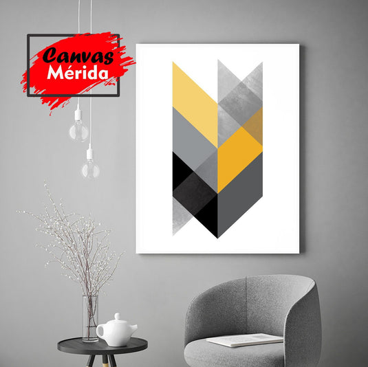 Arte minimalista abstracto con triángulos en amarillo mostaza, gris y negro