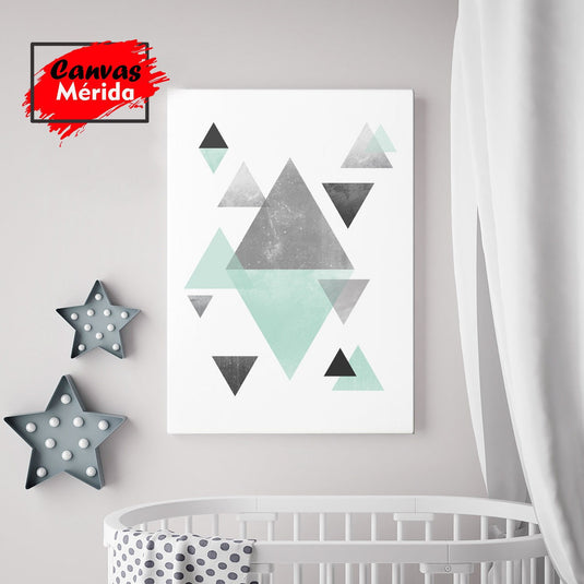 Arte Geométrico Minimalista con Triángulos en Tonos de Verde Agua y Gris con Texturas de Mármo