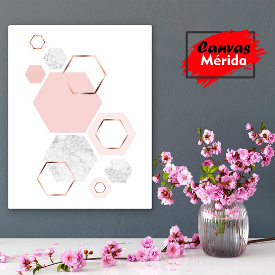 Diseño Geométrico Minimalista con Hexágonos en Rosa Pastel y Cobre y Textura de Mármol Blanco