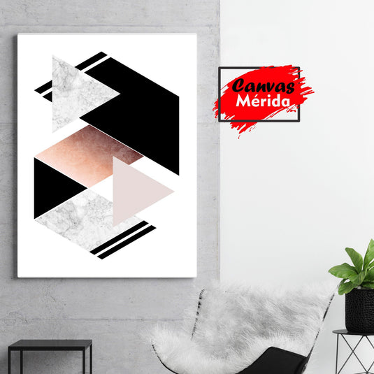 Arte Geométrico Minimalista con Formas Asimétricas en Negro, Rosa, Cobre y Textura de Mármol