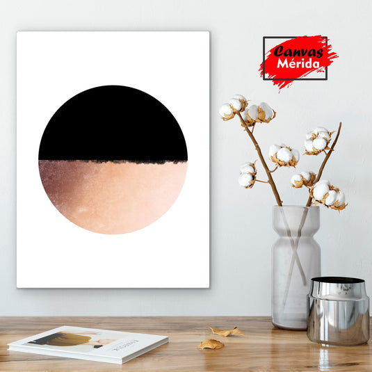 Arte Minimalista con Círculo Dividido en Negro y Textura Rosa Pálido