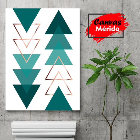 Composición Artística Minimalista de Formas Geométricas en Tonos de Verde y Acentos de Cobre