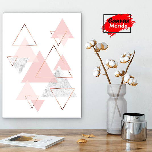 Composición Minimalista de Triángulos en Tonos de Rosa con Patrones de Mármol y Bordes en Cobre