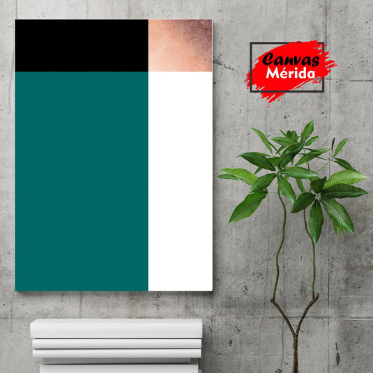 Arte Minimalista con Bloques de Color en Negro, Verde Jade, Rosa Pálido y Blanco