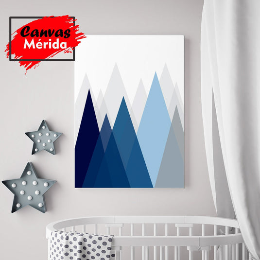 Arte Geométrico Minimalista con Montañas Abstractas en Tonos de Azul y Gris
