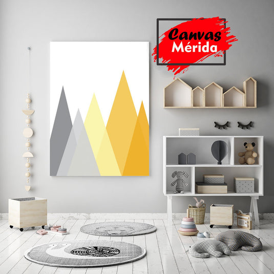 Arte Minimalista con Montañas Geométricas en Degradado de Tonos Grises y Amarillos