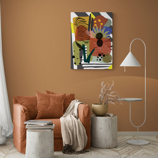 Arte abstracto con elementos naturales y patrones geométricos