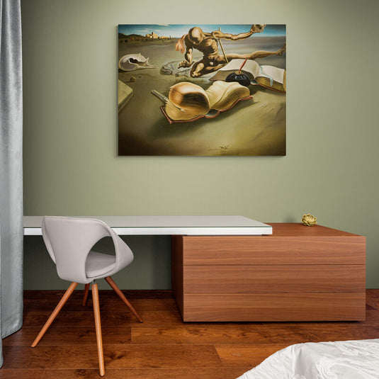 Pintura surrealista de un libro abierto y reloj fundido en un desierto