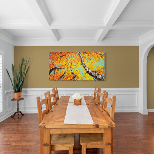 Arte Decorativo Otoñal: Lienzo Vibrante de Ramas y Hojas en Tonos Amarillos y Naranjas