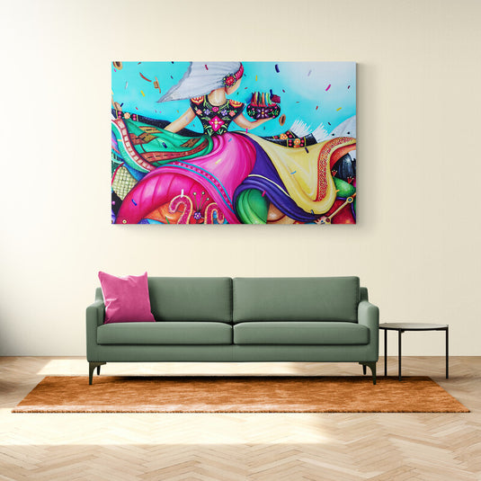 Pintura de mujer mexicana en vestido tradicional girando con confetis y fondo azul.