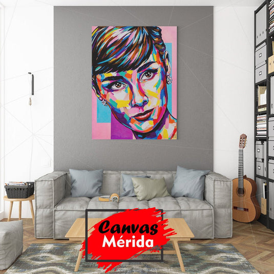 Cuadro decorativo Audrey Hepburn estilo pop art – retrato colorido y moderno ideal para salas, estudios o espacios con decoración contemporánea