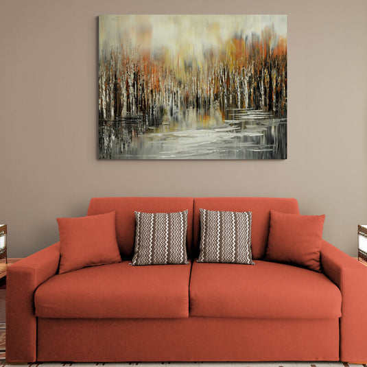 Cuadro abstracto de paisaje otoñal reflejado en agua, arte moderno en tonos tierra ideal para decoración elegante.
