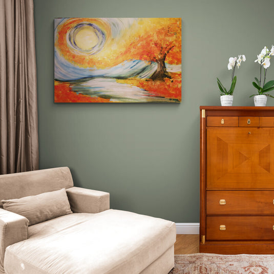 Cuadro Abstracto Decorativo Representando un Árbol Conectando con el Sol a través de una Rama en Colores Amarillo, Naranja, Azul y Verde