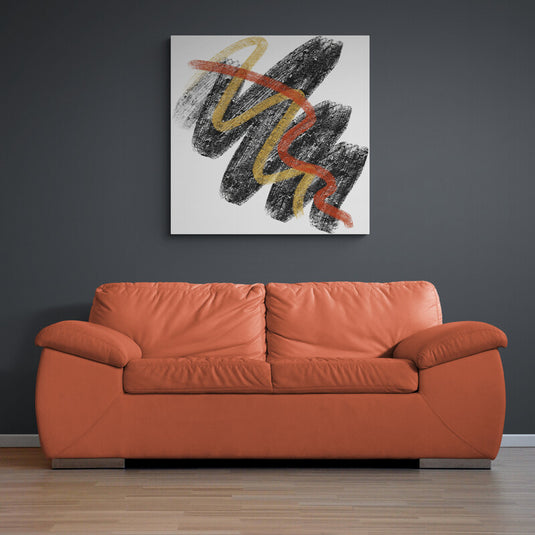 Cuadro abstracto minimalista con trazos negros y acentos en amarillo y naranja sobre fondo blanco