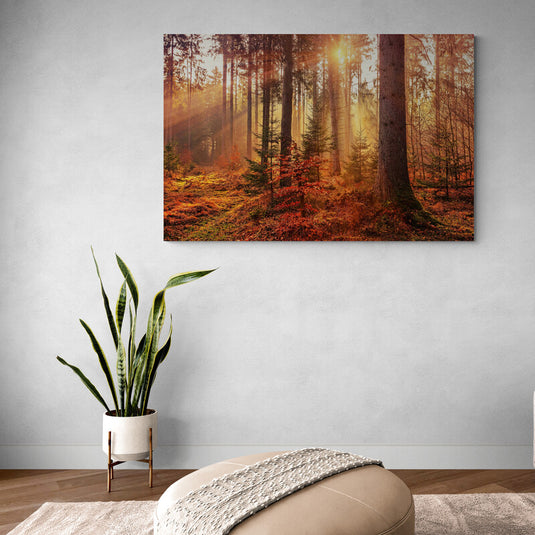 "Cuadro_decorativo_Bosque_Otoñal_Atardecer_con_Arboles_Altos_y_Colores_Cálidos