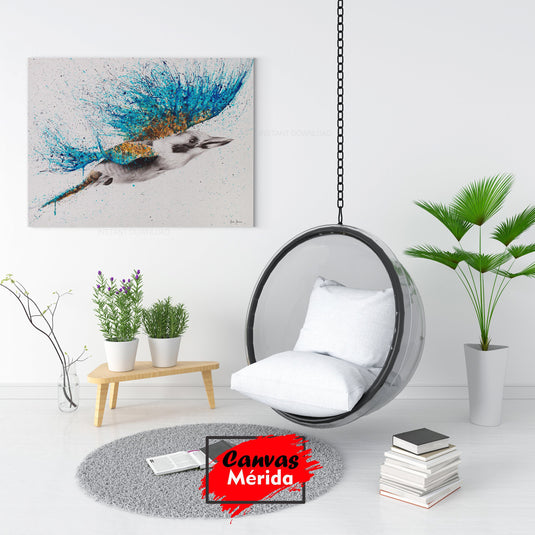Cuadro decorativo: Ave gris con alas de colores azules y amarillo sobre fondo blanco