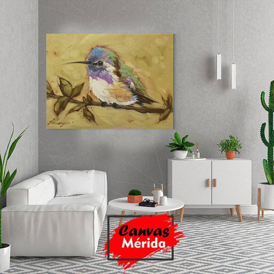 Cuadro decorativo: Rama con pájaro pequeño en colores suaves sobre fondo arena amarillo