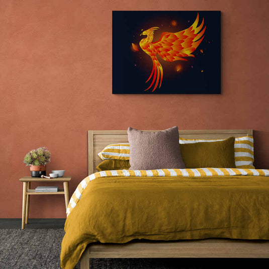 Cuadro decorativo: Silueta de fénix en tonos naranja y amarillo sobre fondo azul oscuro