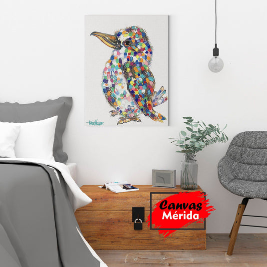 Cuadro decorativo con fondo hueso claro y pájaro puntillista en amarillo, verde, azul, rojo, naranja, rosa con detalles en blanco y contornos en negro